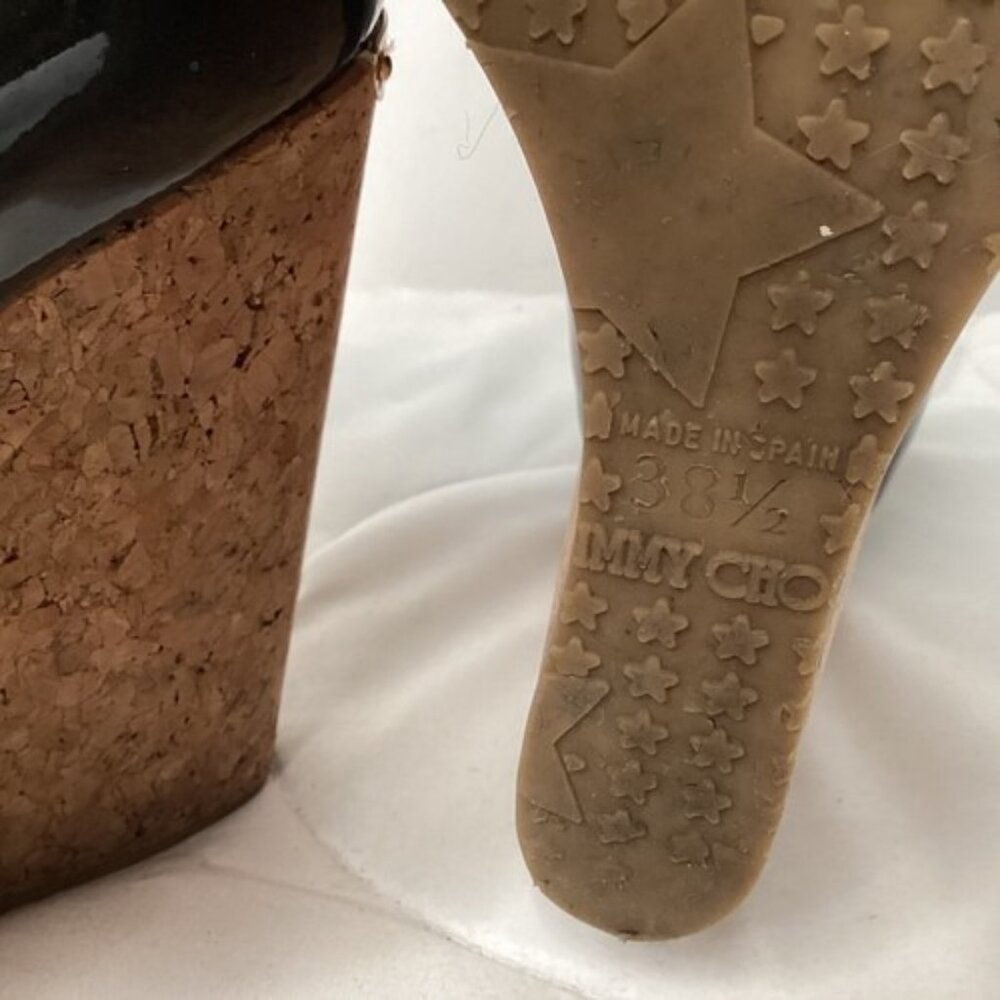 Jimmy Choo Black Patent Cork Wedge Peep Toe Heels Shoes 38.5 EU / US 8.5 - Picture 5 of 8